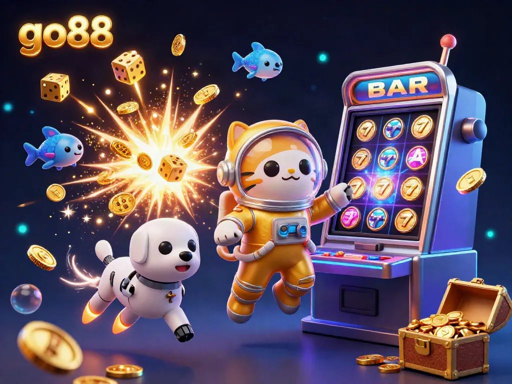 Experience exhilarating games at go88 with a cosmic scene of vibrant characters and slot elements igniting fun!