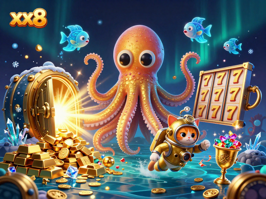 Experience the vibrant world of xx8 with a kraken, diving cat, and treasures in action.