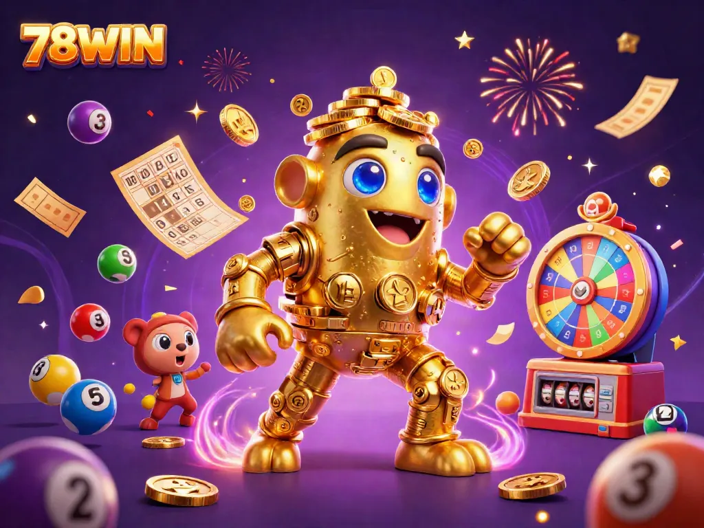 Engage with thrilling games at 78WIN featuring a golden golem, lottery balls, and a spinning prize wheel.
