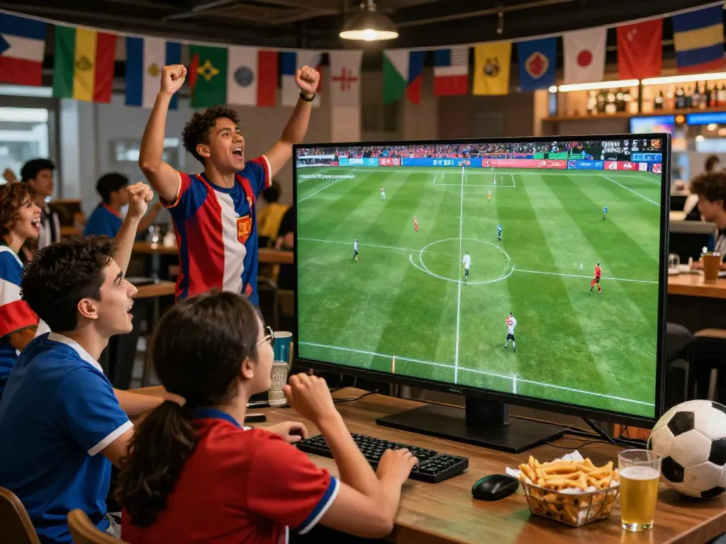 Socolive football fans celebrating a live match during 2026 World Cup at a lively venue.