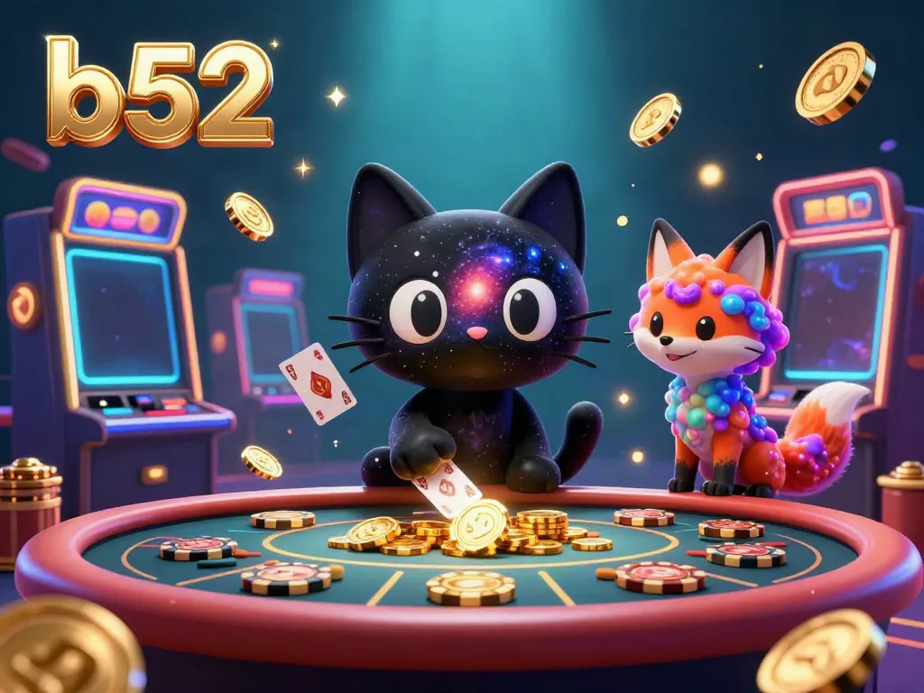 Engage in the thrilling b52 casino experience, where a cartoon black hole cat and colorful nebula fox bring luck to the cosmic table of golden chips and slot machines.