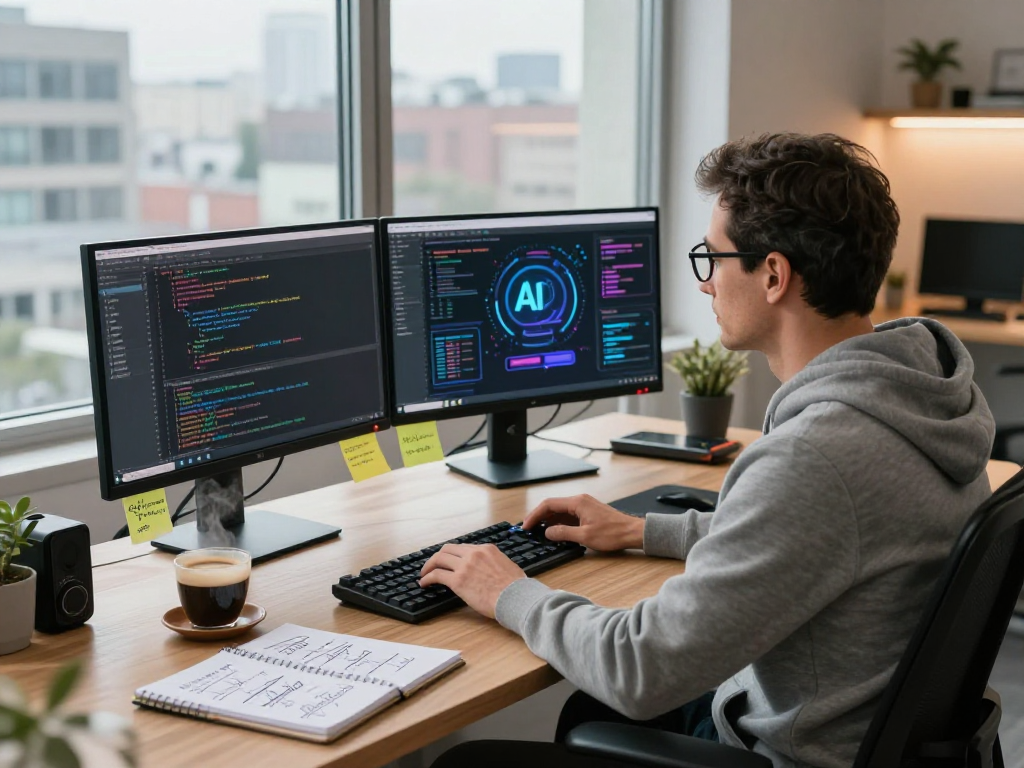 Developer coding an nsfw ai application in a modern workspace, showcasing advanced tech setup and urban view.