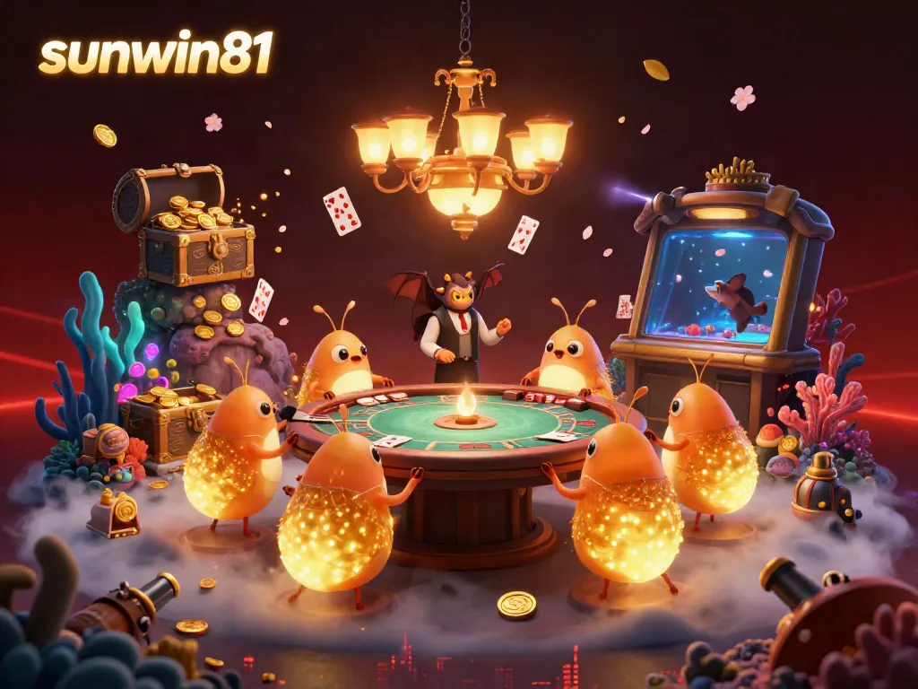 Experience the excitement of sunwin81 in this vibrant underwater casino scene filled with glowworms and playful card games.
