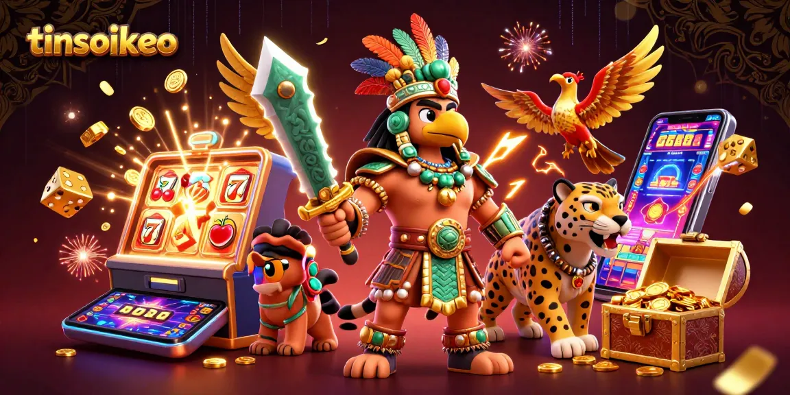 Engage with tinsoikeo's vibrant casino world featuring slot machines, lucky symbols, and dynamic warriors.