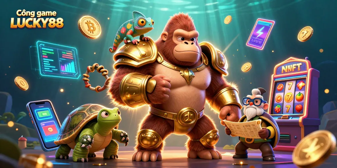 Engage with Cổng game LUCKY88 featuring a gorilla king, chameleon, and tortoise in a vibrant casino scene.
