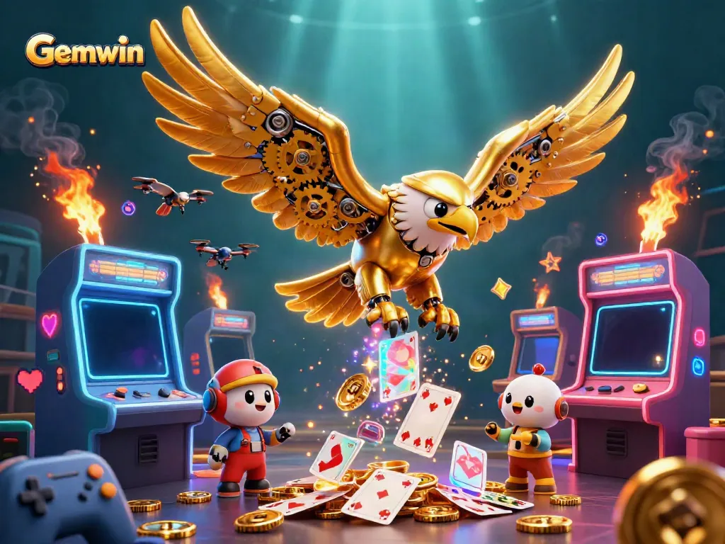 Experience Gemwin's magical gaming world with a golden eagle soaring through holographic cards and retro arcade machines.