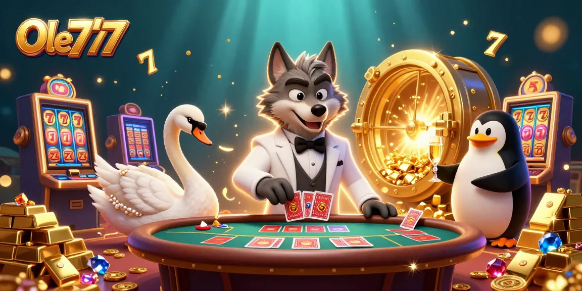 Experience the vibrant energy of Ole777 with exclusive casino characters at play surrounded by golden treasures and slot machines.