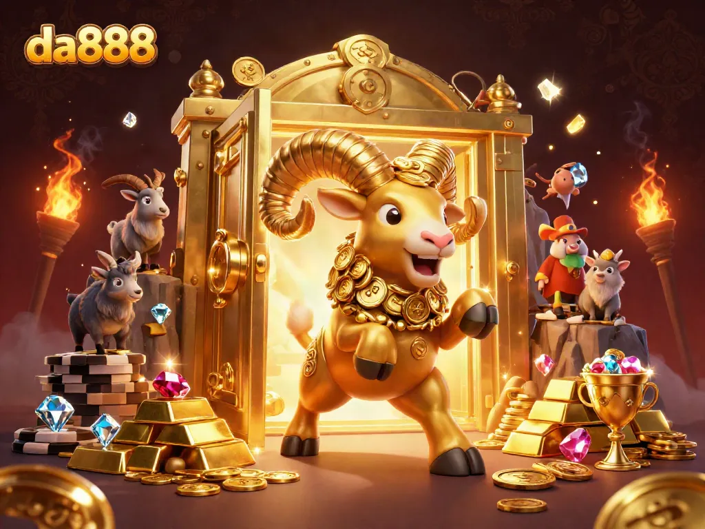 Experience thrilling action at da888 with a golden ram charging and treasures bursting around, embodying excitement in online gaming.