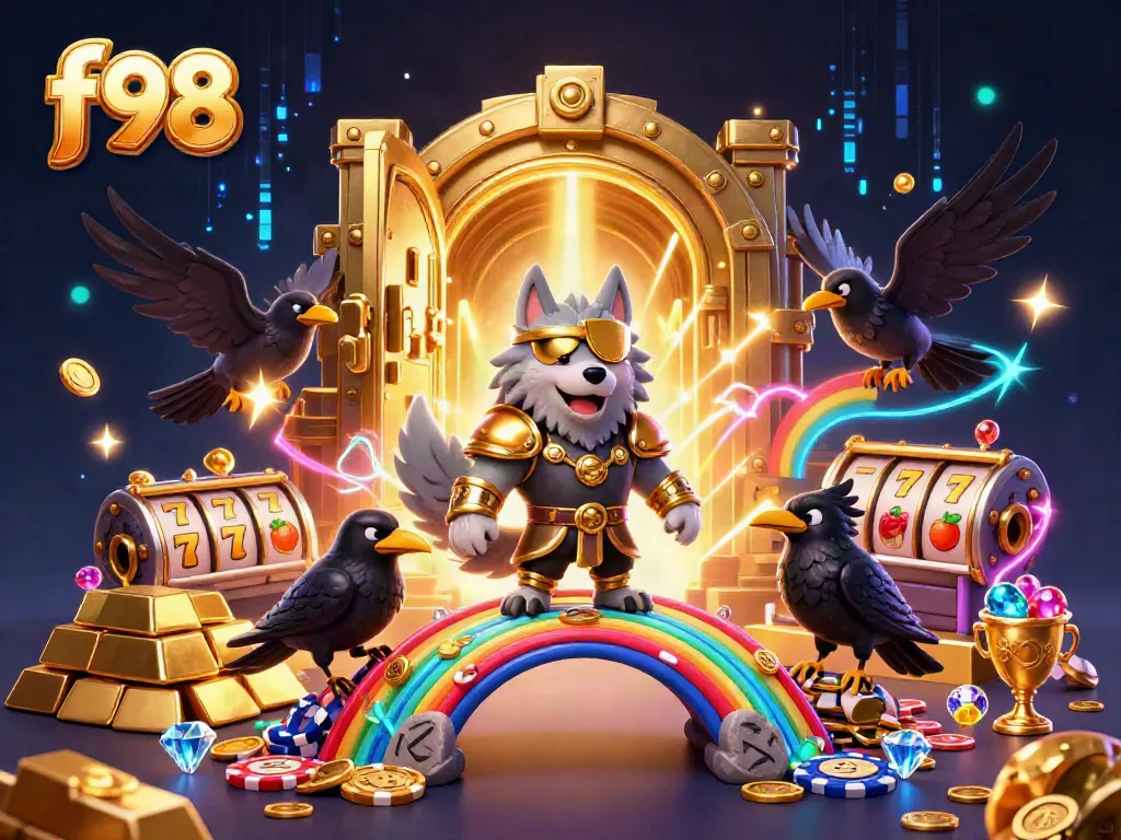 Experience the thrilling f98 online casino world with Odin and his ravens amidst a vibrant jackpot scene.