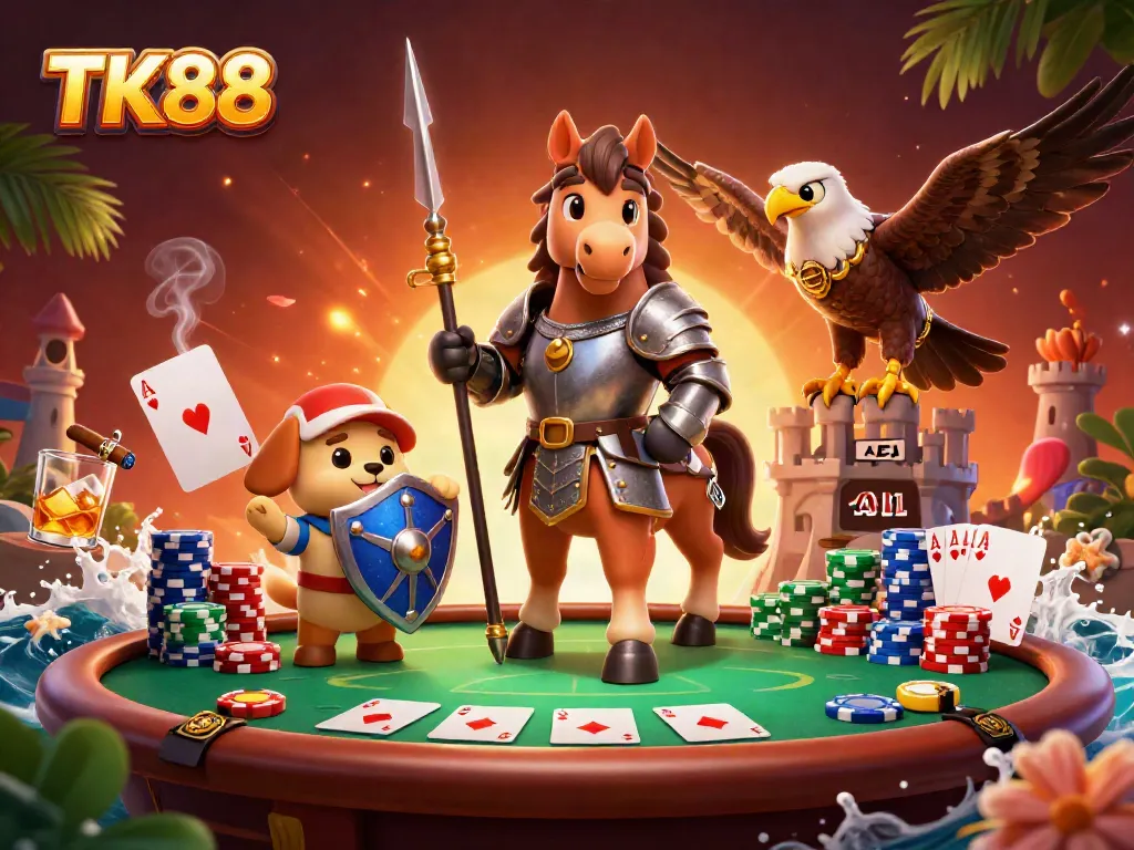 Experience thrilling bets at TK88 with dynamic action, poker chips, and shining characters.