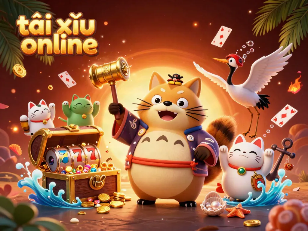 Experience the excitement of tài xỉu online with a playful tanuki as he celebrates luck in a vibrant casino scene.