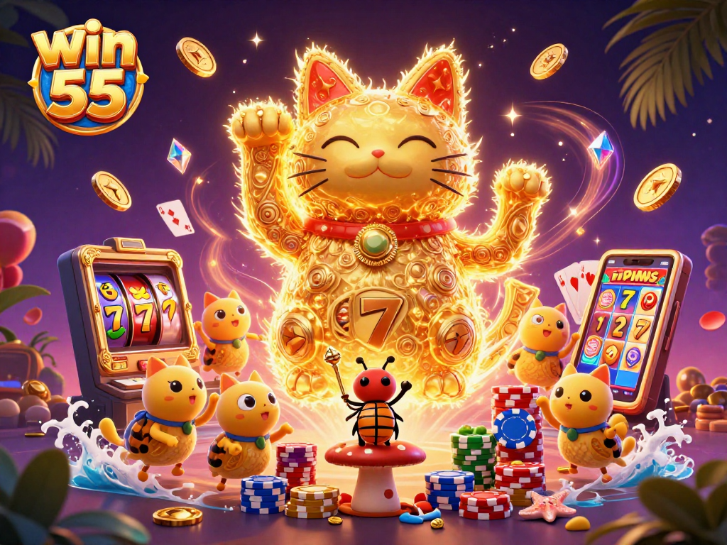 Experience premium gaming with win 55's stunning visual of a lucky cat and dynamic casino elements.