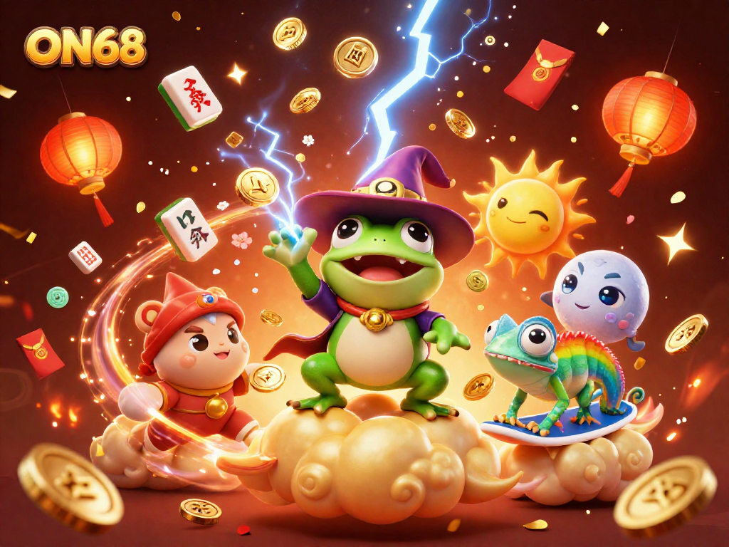 Engage with ON68 as a wizard frog unleashes a storm of golden coins, amidst festive casino elements.