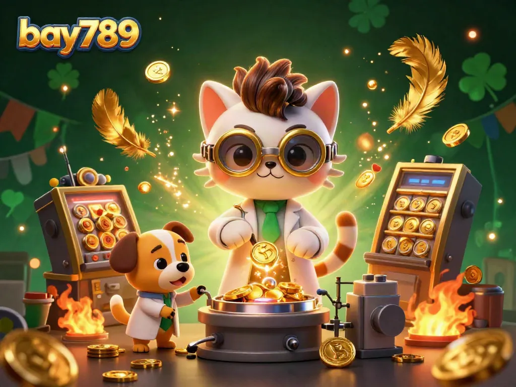 Experience excitement with bay789 as a mad scientist cat and assistant craft coins amidst a vibrant casino scene.