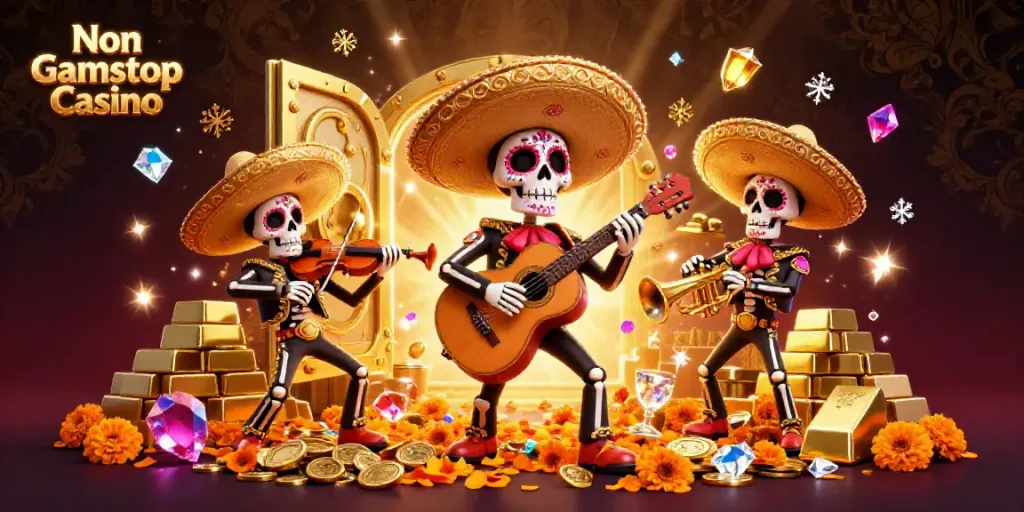 Engage with the vibrant Non Gamstop Casino scene featuring a lively mariachi band amidst treasure and jewels.