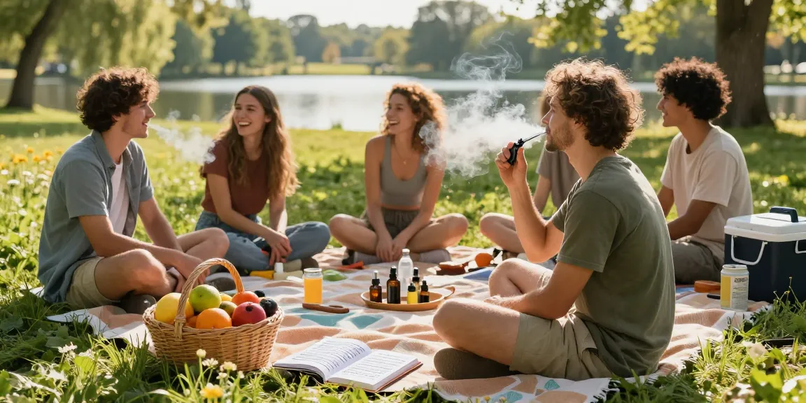 Enjoying strong THC vapes UK during a vibrant outdoor gathering in natural wellness setting.
