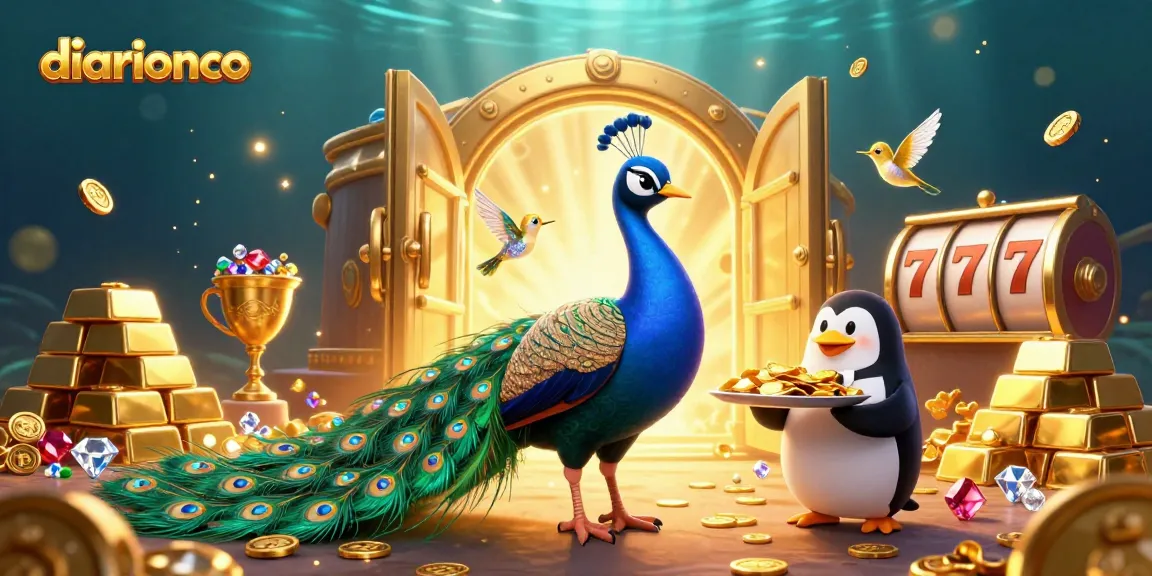 Dive into the excitement of diarionco where a vibrant scene of a peacock, butler penguin, and hummingbird celebrates casino treasures.
