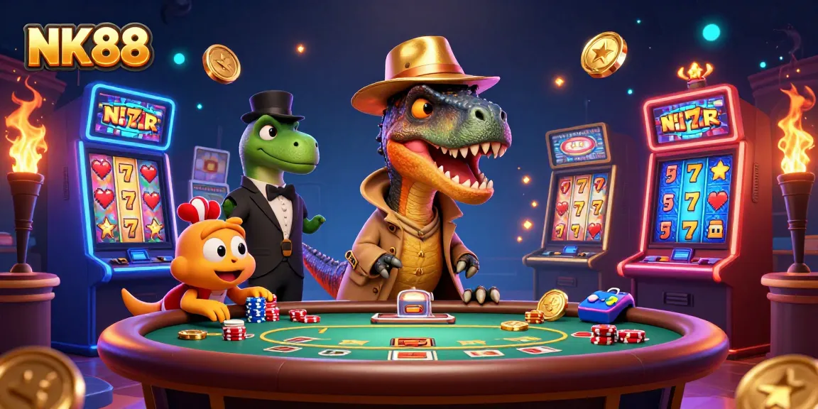 Join NK88's vibrant casino world with a cartoon velociraptor at the blackjack table, capturing action-packed gameplay.