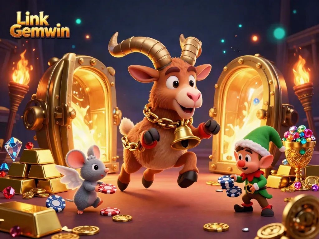 Experience the thrilling Link Gemwin casino scene with festive characters amid glistening treasures.