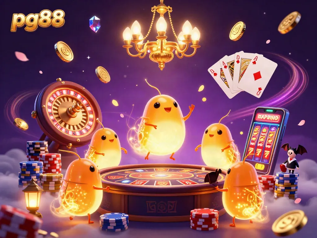 Spin and win at pg88 with a vibrant casino scene featuring glowing characters, cards, and coins.