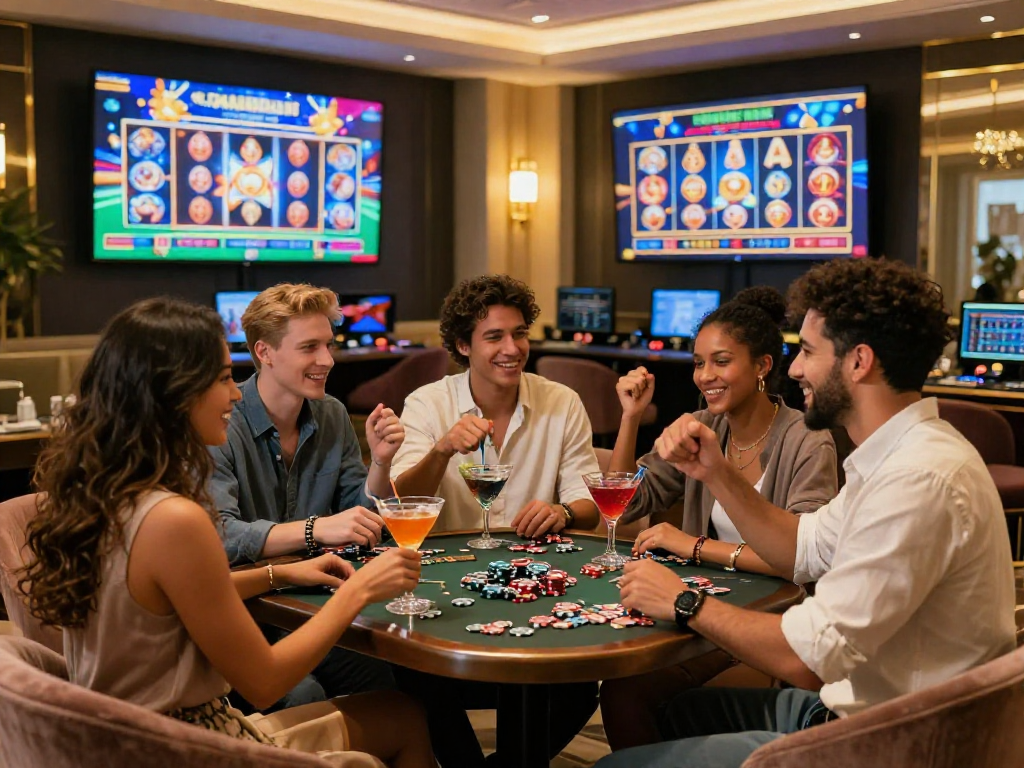 Exciting TK999 online casino event with friends celebrating a sports betting victory in a luxurious setting.