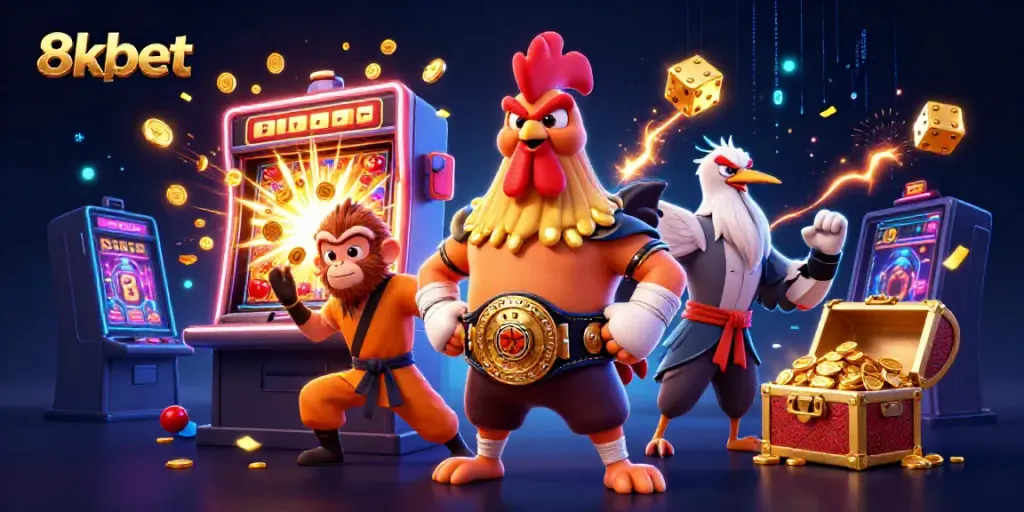 Engage in exciting gameplay with the 8xbet platform as vibrant characters celebrate casino wins.