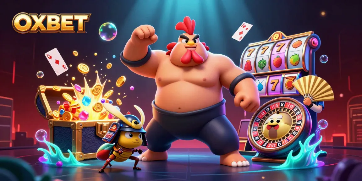 OXBET showcases a powerful sumo wrestler stomping and celebrating amid vibrant casino elements and underwater treasures.
