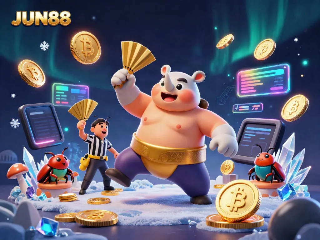 Experience the excitement of JUN88 with a colorful 3D casino scene featuring a sumo champion beetle amidst flying coins and crypto elements.