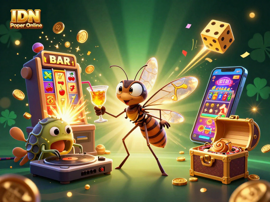 IDN Poker Online showcases a vibrant casino scene with animated characters, dynamic game elements, and festive colors.