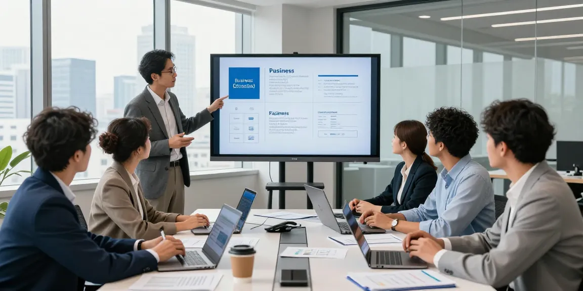 Team discussing business telephone plans in a modern office setting with laptops and a presentation screen.