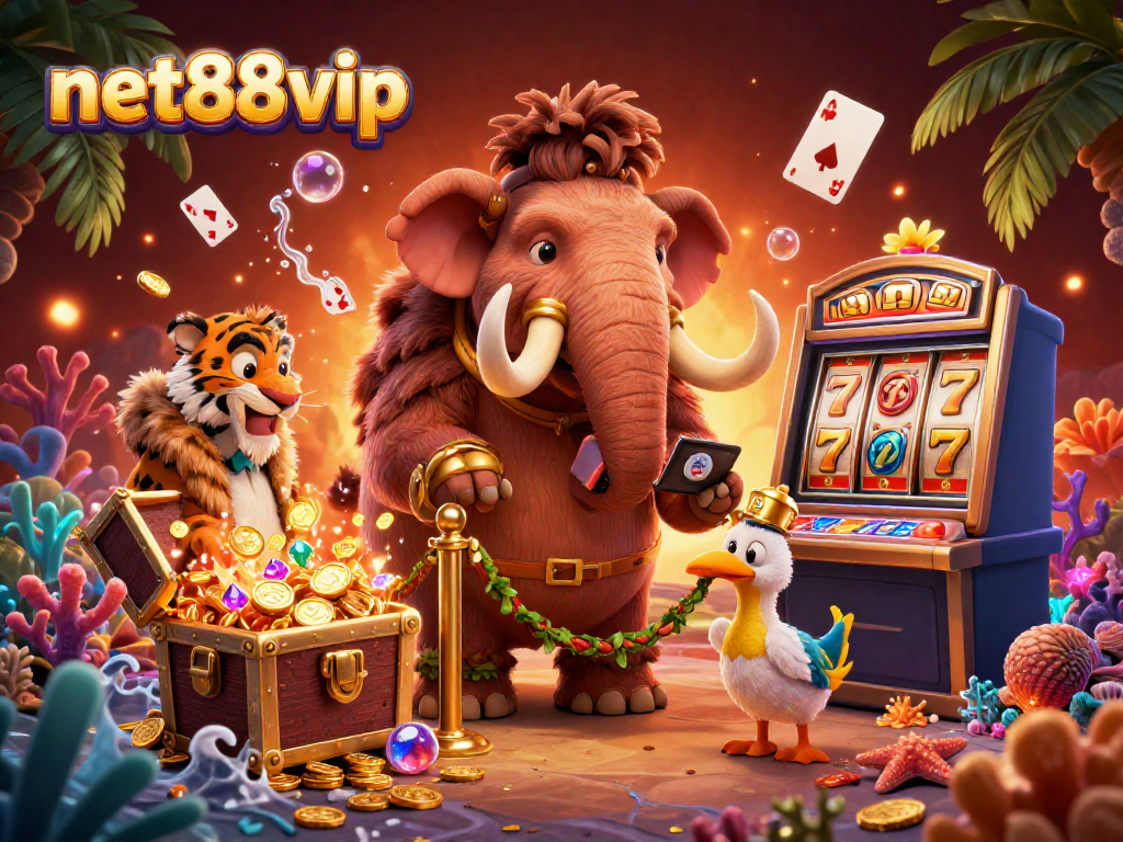 Experience luxury at net88vip casino with VIP guests and a woolly mammoth bouncer in a vibrant 3D illustration.