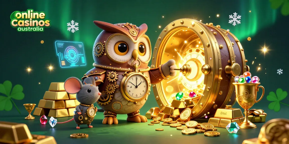Engage with online casinos australia featuring a vibrant casino scene with a time-traveler owl and sparkling treasures.