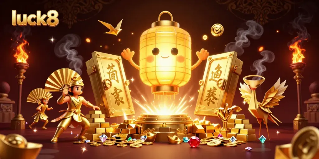 Experience the thrill of winning at luck8 with vibrant gold treasures and dynamic casino elements.