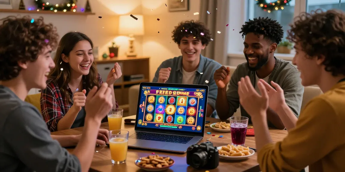Friends enjoying free spins on registration UK while celebrating wins at home casino game.