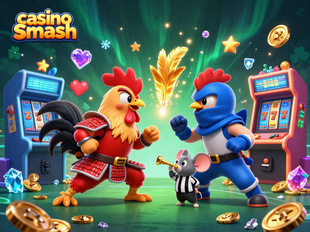 Experience the thrill of casino Smash with dynamic fighting roosters and vibrant gaming elements.