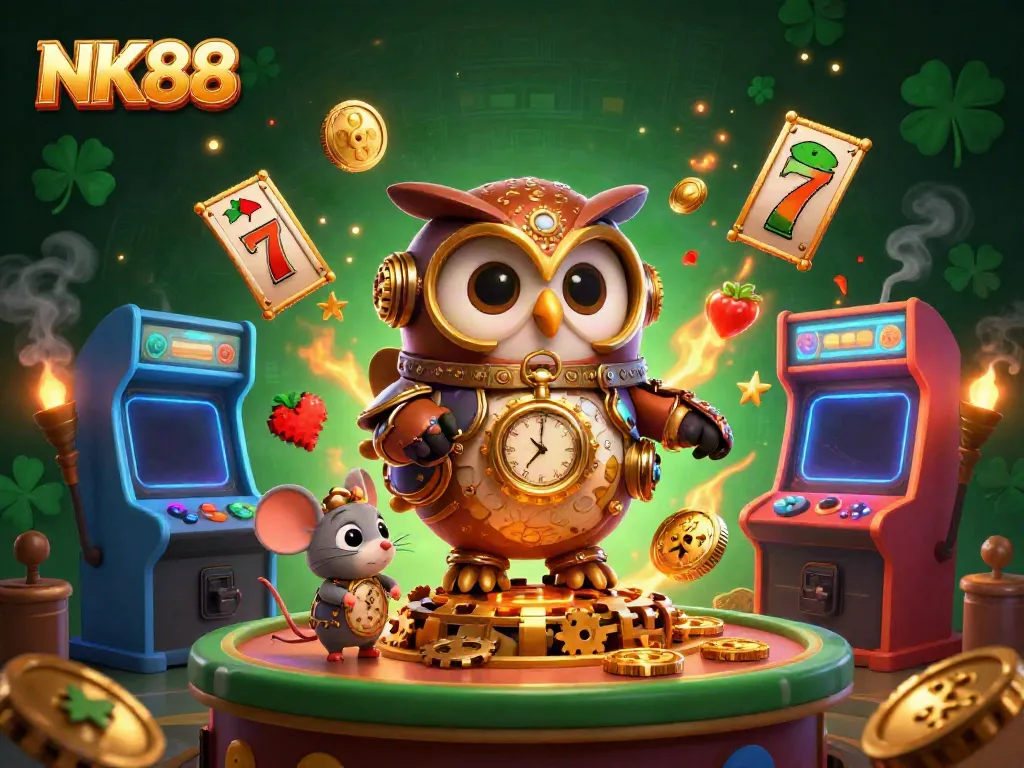 Join the excitement at NK88 with a time-traveler owl and dynamic slot elements in a captivating casino scene.