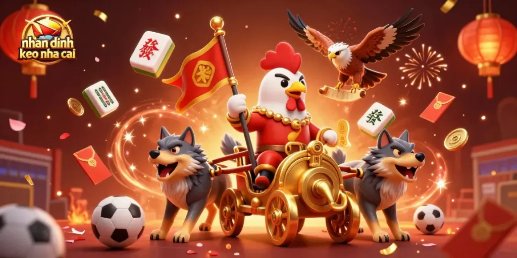 Engaging visual featuring nhan dinh keo nha cai with a rooster warlord and immersive sports elements.