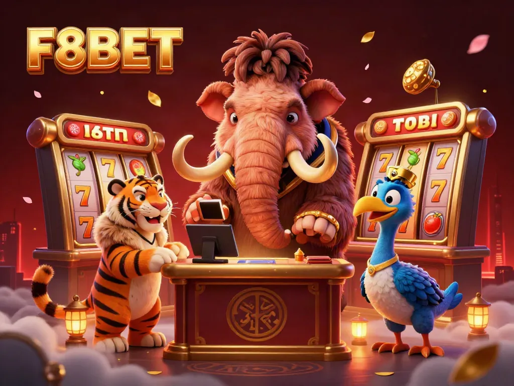 Experience elite gaming with F8BET, as cartoon characters navigate a vibrant casino atmosphere.