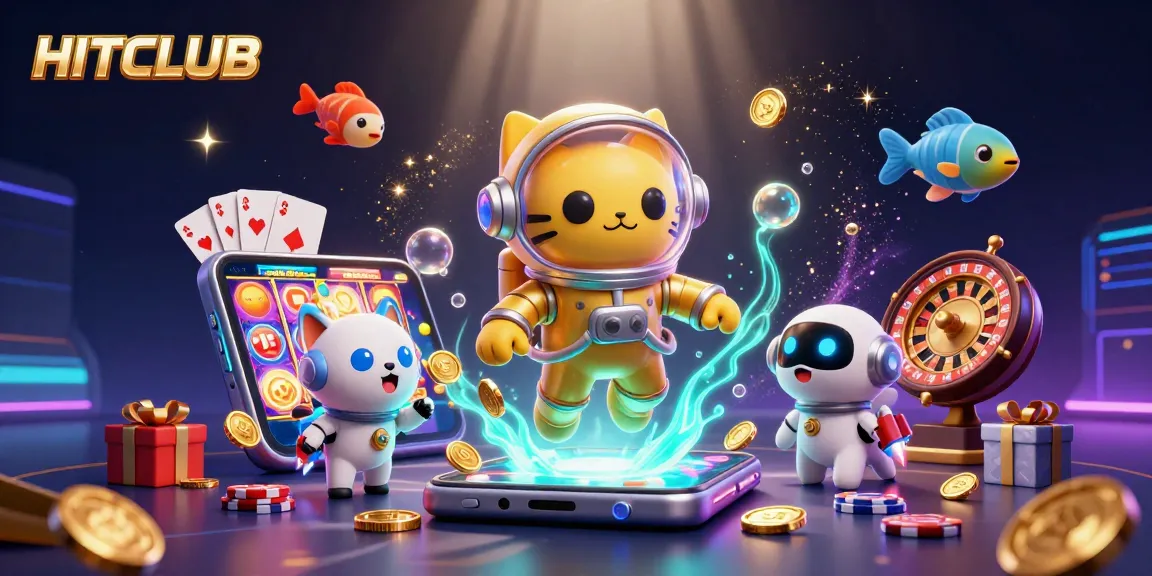 Join the excitement at HITCLUB with thrilling online casino games featuring glowing slot machines and vibrant poker chips.
