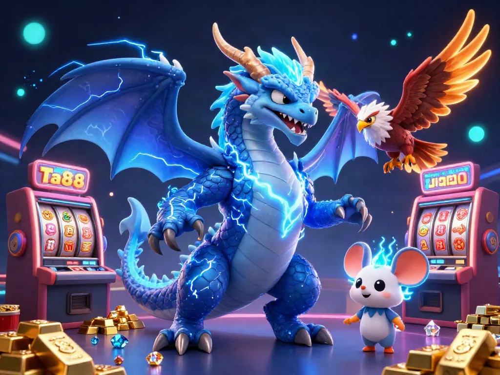 Experience the thrill of Ta88 with a vibrant 3D illustration showcasing dragon, hawk, and lightning features
