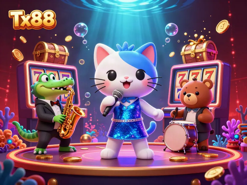 Engage with Tx88 in a vibrant casino scene featuring a jazz-singer cat, saxophone-crocodile, and drum-playing bear.