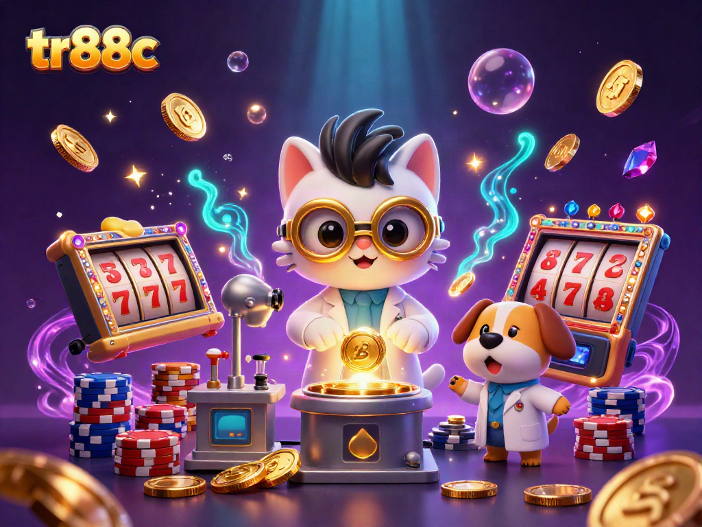 Experience thrilling gameplay with tr88c in a vibrant casino-themed 3D illustration featuring cats, dogs, and winning elements.