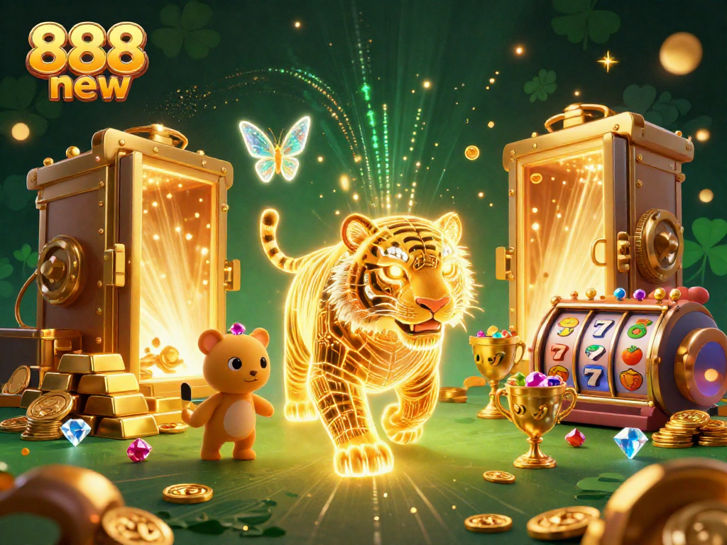 Experience the thrill of winning with the 888 new casino jackpot as golden treasures and vibrant reels surround a glowing tiger.