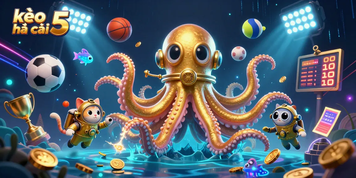 Capture dynamic sports betting excitement with kèo nhà cái 5 among a diving cat and kraken in a treasure ocean.