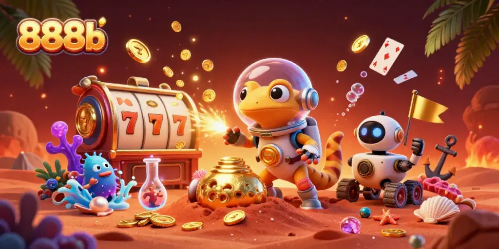 Experience the excitement of 888b as a Martian gecko uncovers treasures at a golden casino.