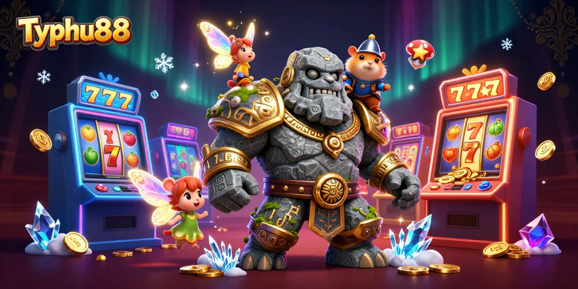 Play slots and win at Typhu88 with dynamic gaming elements in a vibrant 3D casino illustration.