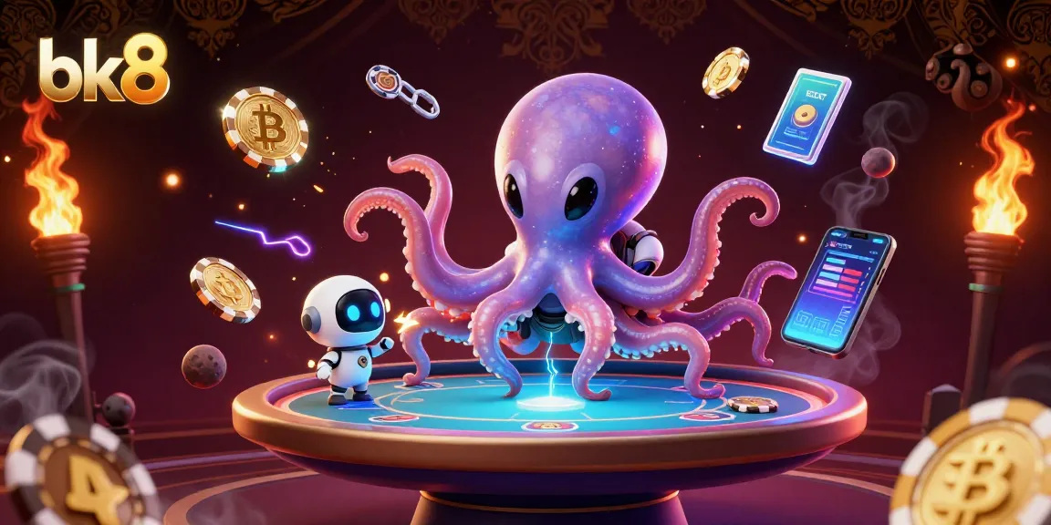 Experience bk8 excitement with an alien octopus at a holographic poker table, surrounded by crypto coins.