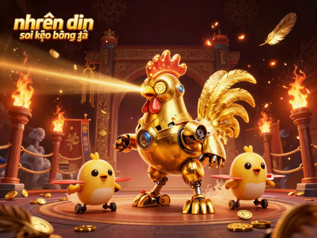 Experience nhận định soi kèo bóng đá with a vibrant scene of a golden rooster robot and dynamic drones.