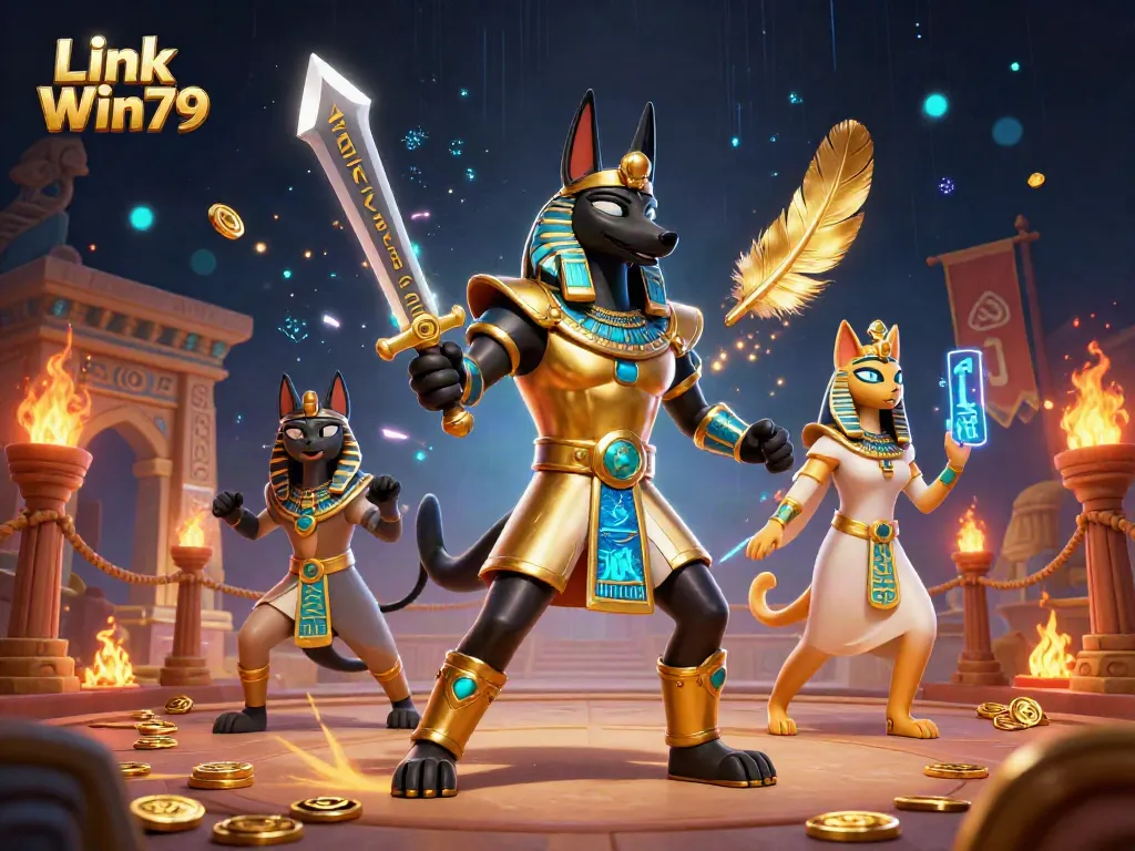 Engage with Link Win79 through an immersive 3D illustration showcasing ancient Egyptian characters and vibrant casino elements.