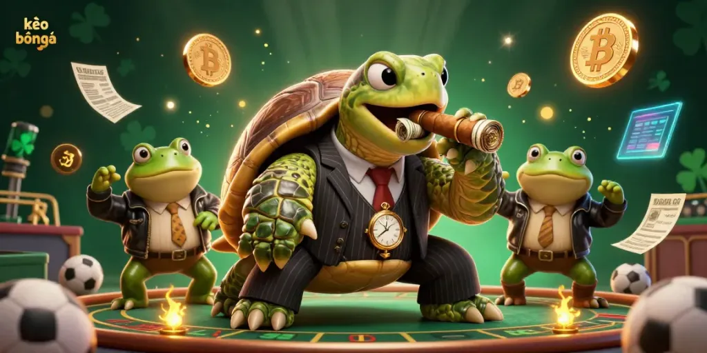 Engage with kèo bóng đá featuring a snapping turtle and bullfrog enforcers in a vibrant casino scene with dynamic betting elements.
